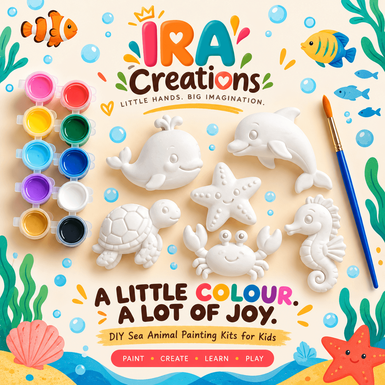 The IRA Creations sea animal kit: five white ready-to-paint figures beside paint pots and a brush.